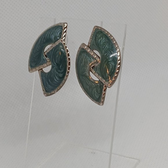 1980s Vintage Retro Shimmering Green/Blue/Gray Enamel Pierced Earrings #35W - Picture 1 of 14